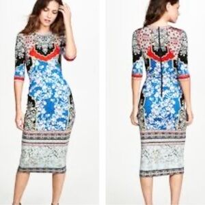 Alice + Olivia Delora Fitted Midi Dress Palace Daffodil Print Sheath Blue Sz 0